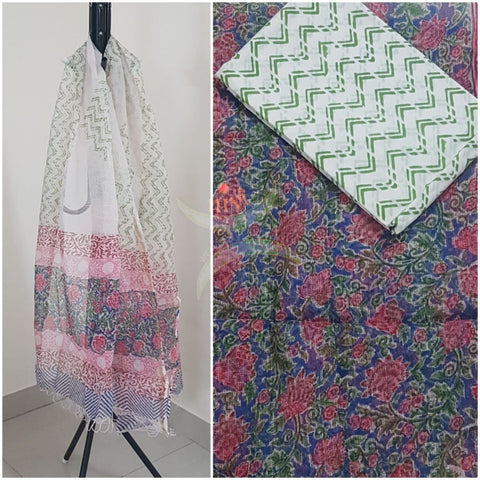 Blue with white Handblock printed Kota doria top and duppata with block printed cotton bottom