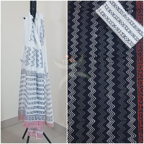 Black with white Handblock bagru printed cotton suit with pure cotton duppata