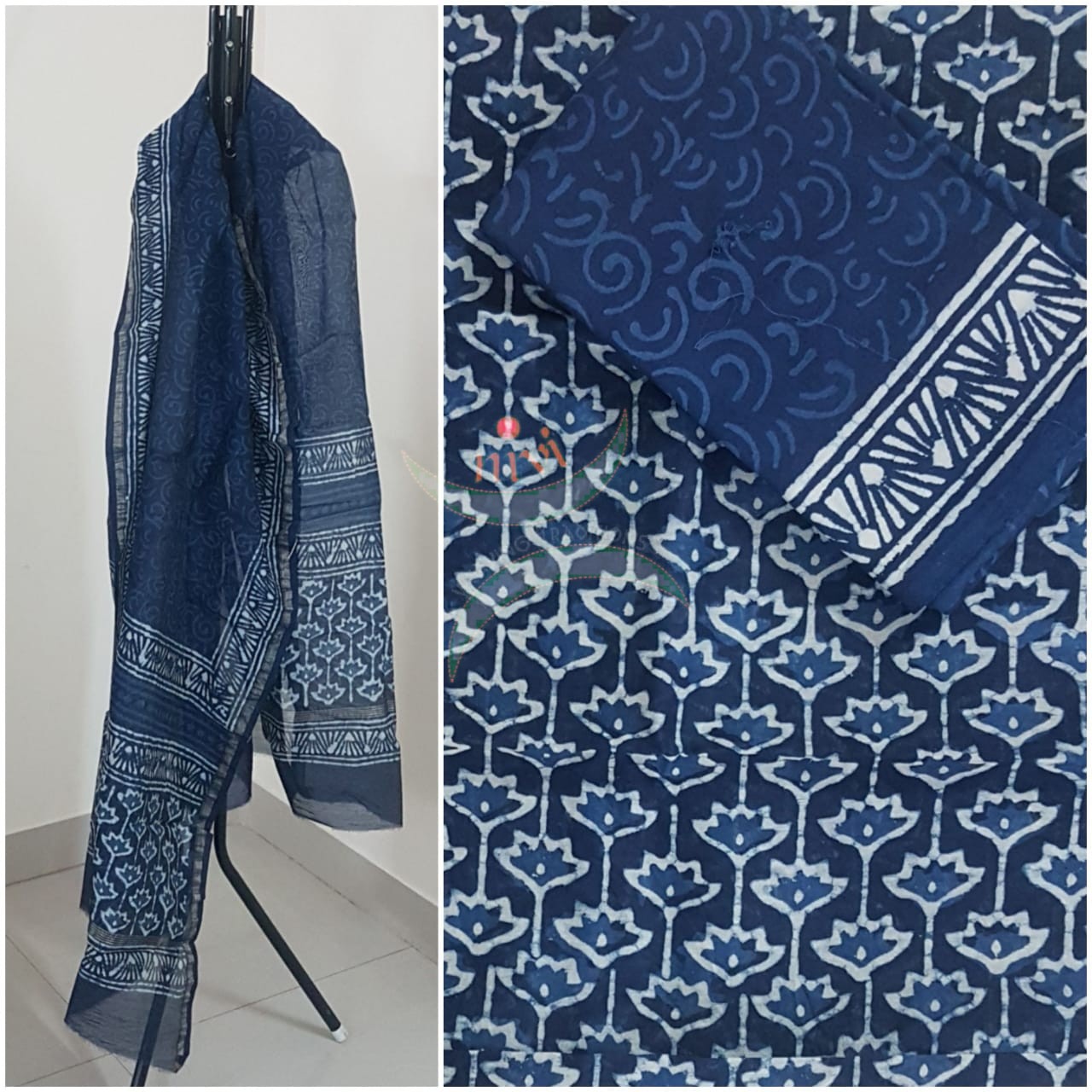 Handloom indigo Chenderi top and cotton bottom with Chenderi duppata