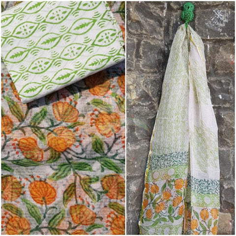 Handblock printed Kota doria top and duppata with block printed cotton bottom.