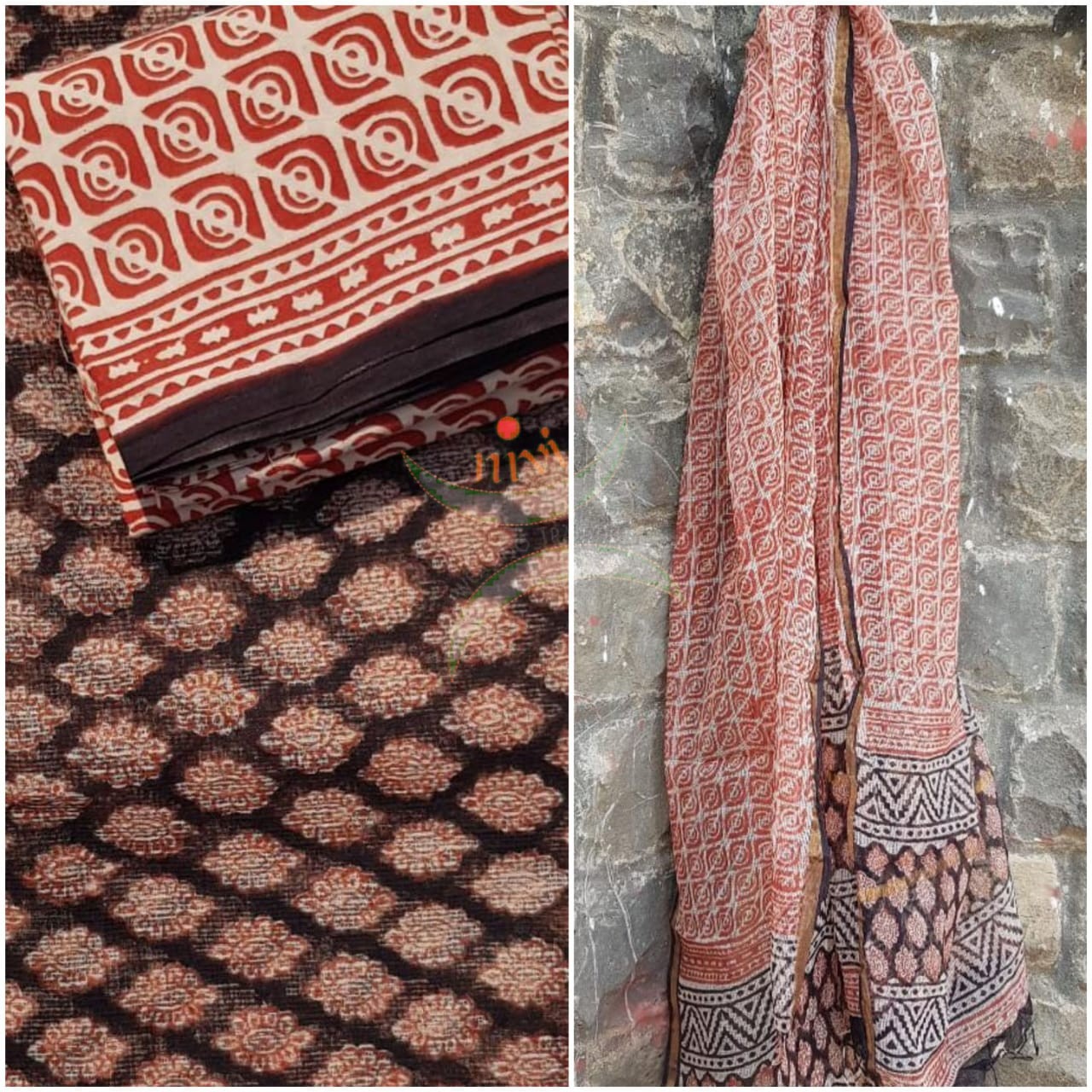 Handblock printed Kota doria top and duppata with block printed cotton bottom.