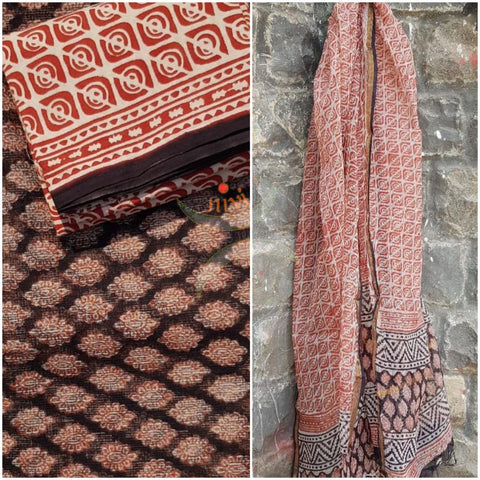 Handblock printed Kota doria top and duppata with block printed cotton bottom.