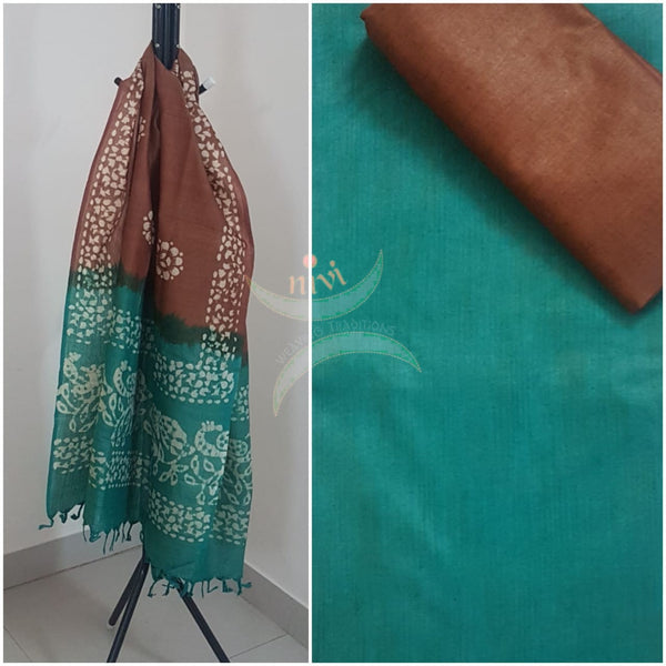 Brown with sea green handloom silk blend batik suit set