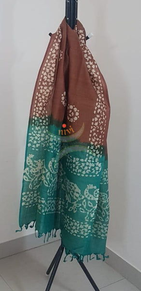 Brown with sea green handloom silk blend batik suit set