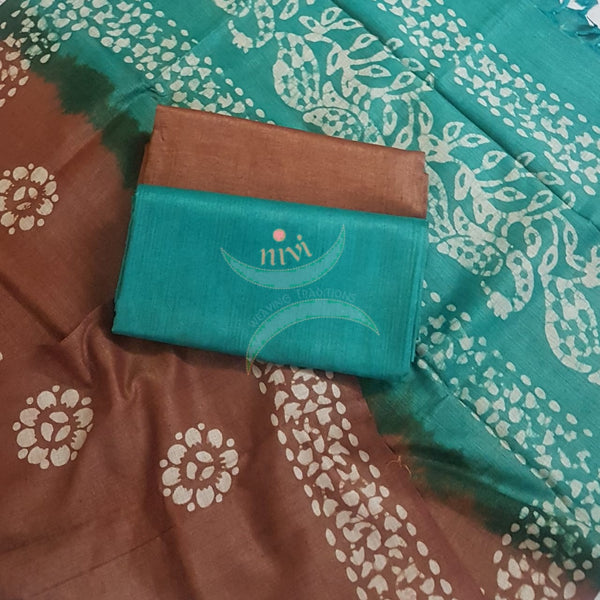 Brown with sea green handloom silk blend batik suit set