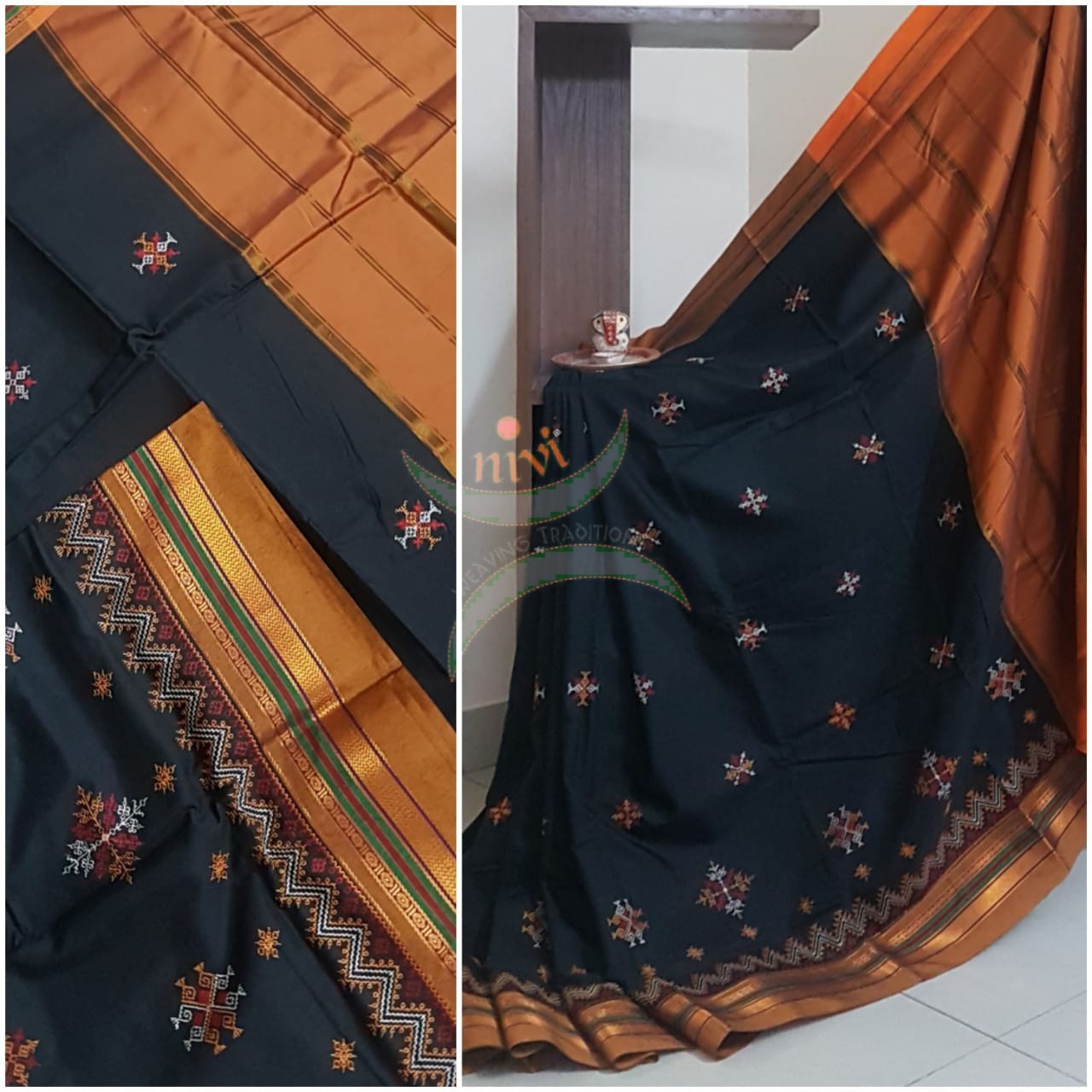 Black cotton blend ilkal with traditional kasuti embroidery