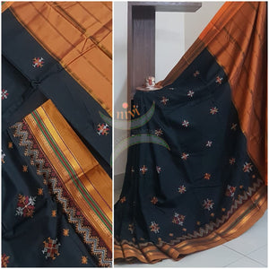 Black cotton blend ilkal with traditional kasuti embroidery