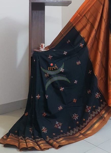 Black cotton blend ilkal with traditional kasuti embroidery