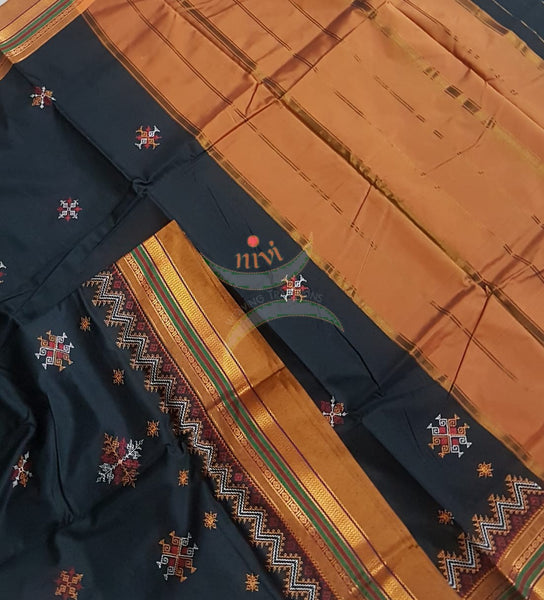 Black cotton blend ilkal with traditional kasuti embroidery