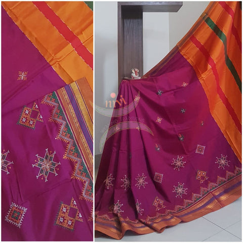 Pink cotton blend ilkal with traditional kasuti embroidery