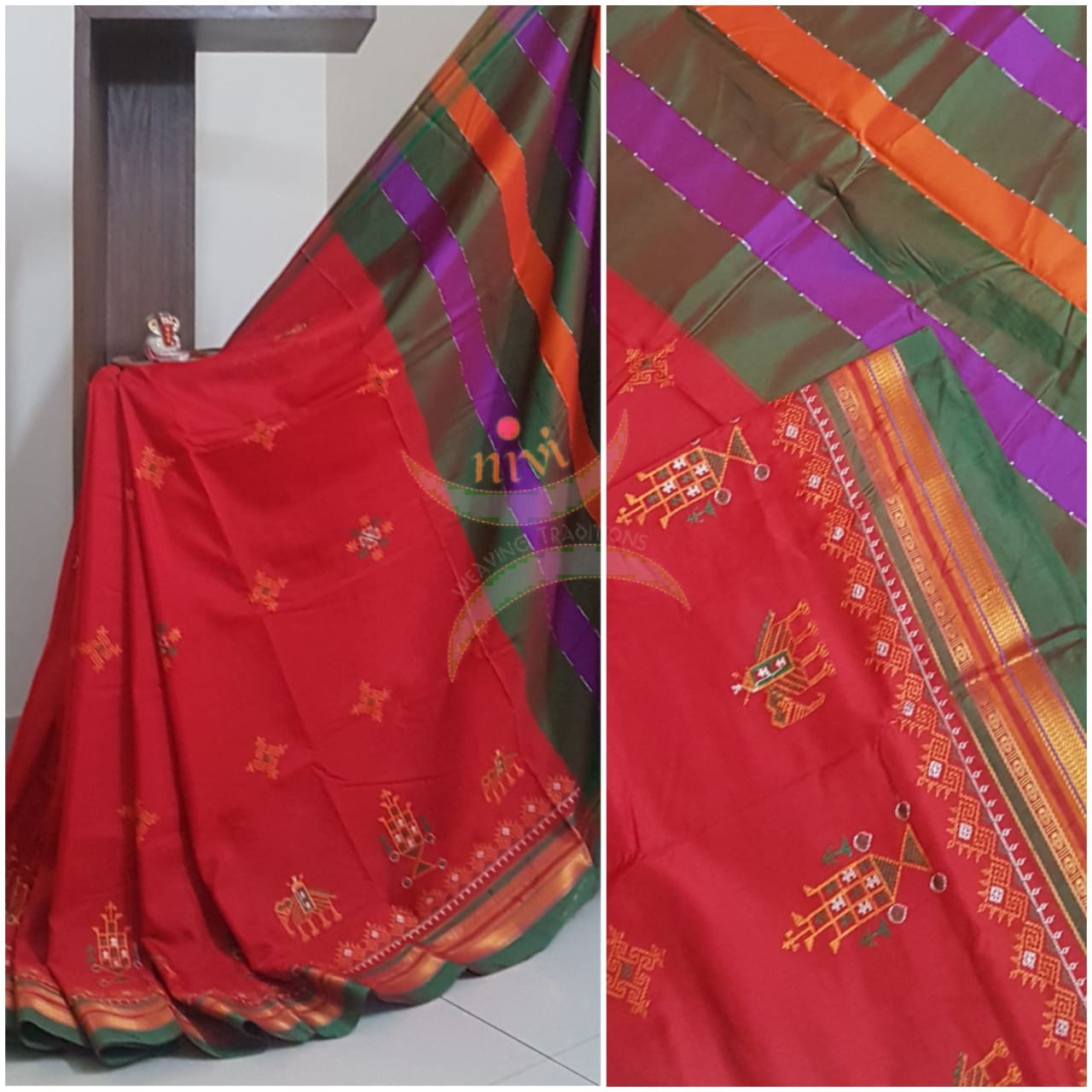 Red cotton blend ilkal with traditional kasuti embroidery