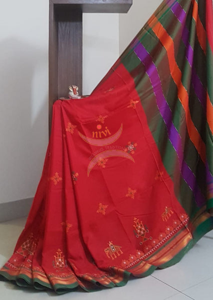 Red cotton blend ilkal with traditional kasuti embroidery