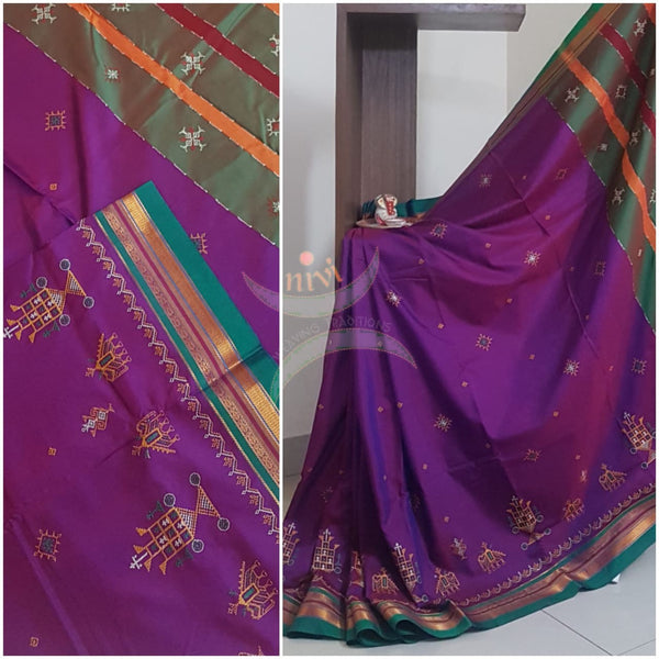 Purple cotton blend ilkal with traditional kasuti embroidery