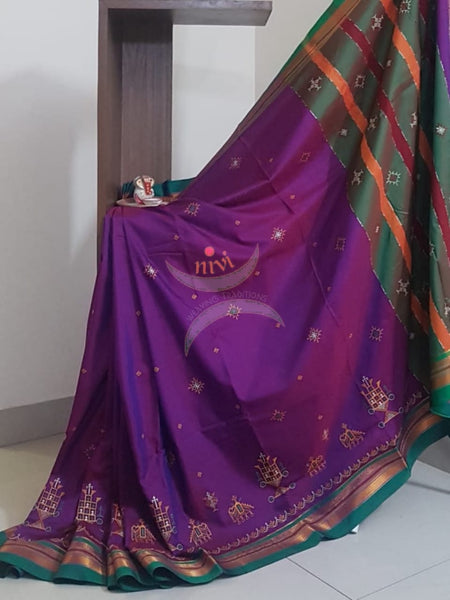 Purple cotton blend ilkal with traditional kasuti embroidery