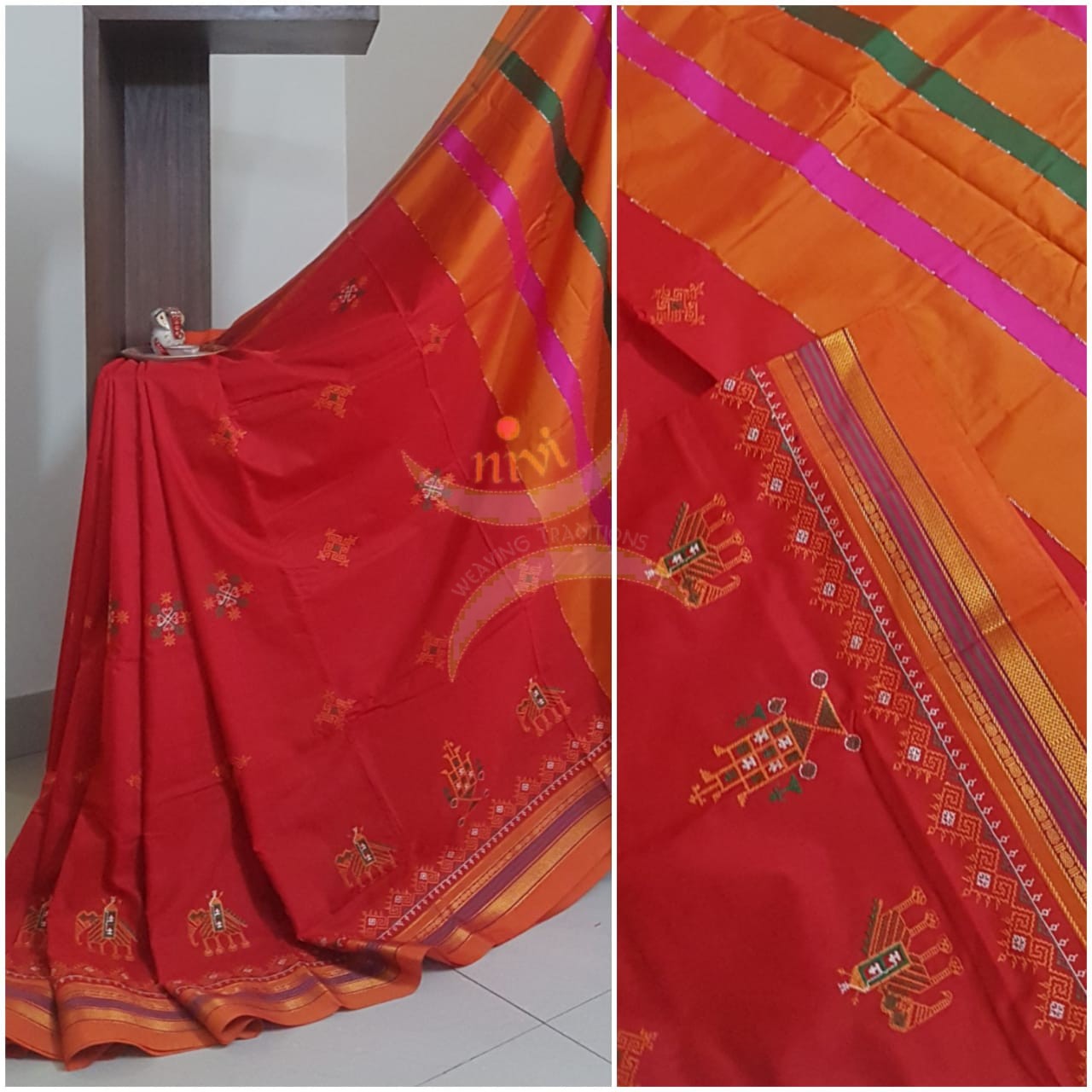 Red cotton blend ilkal with traditional kasuti embroidery