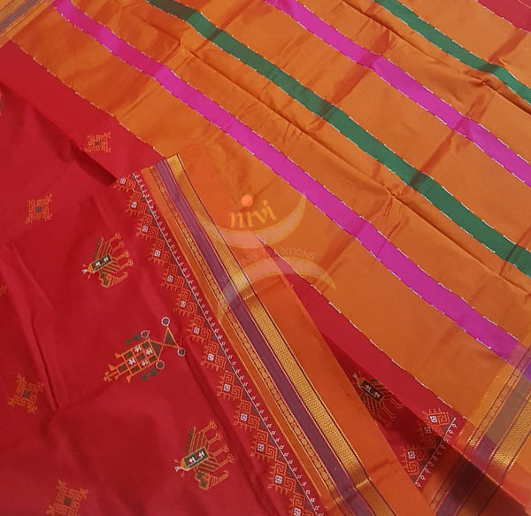 Red cotton blend ilkal with traditional kasuti embroidery