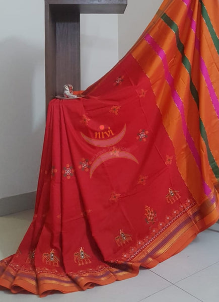 Red cotton blend ilkal with traditional kasuti embroidery