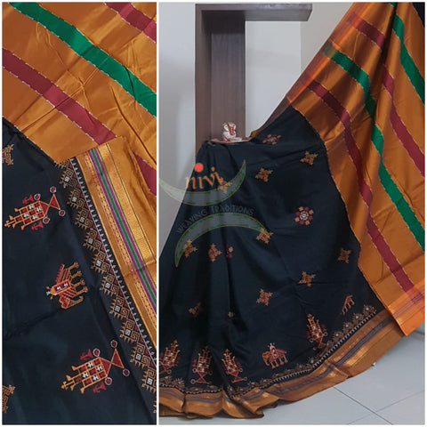 Black cotton blend ilkal with traditional kasuti embroidery