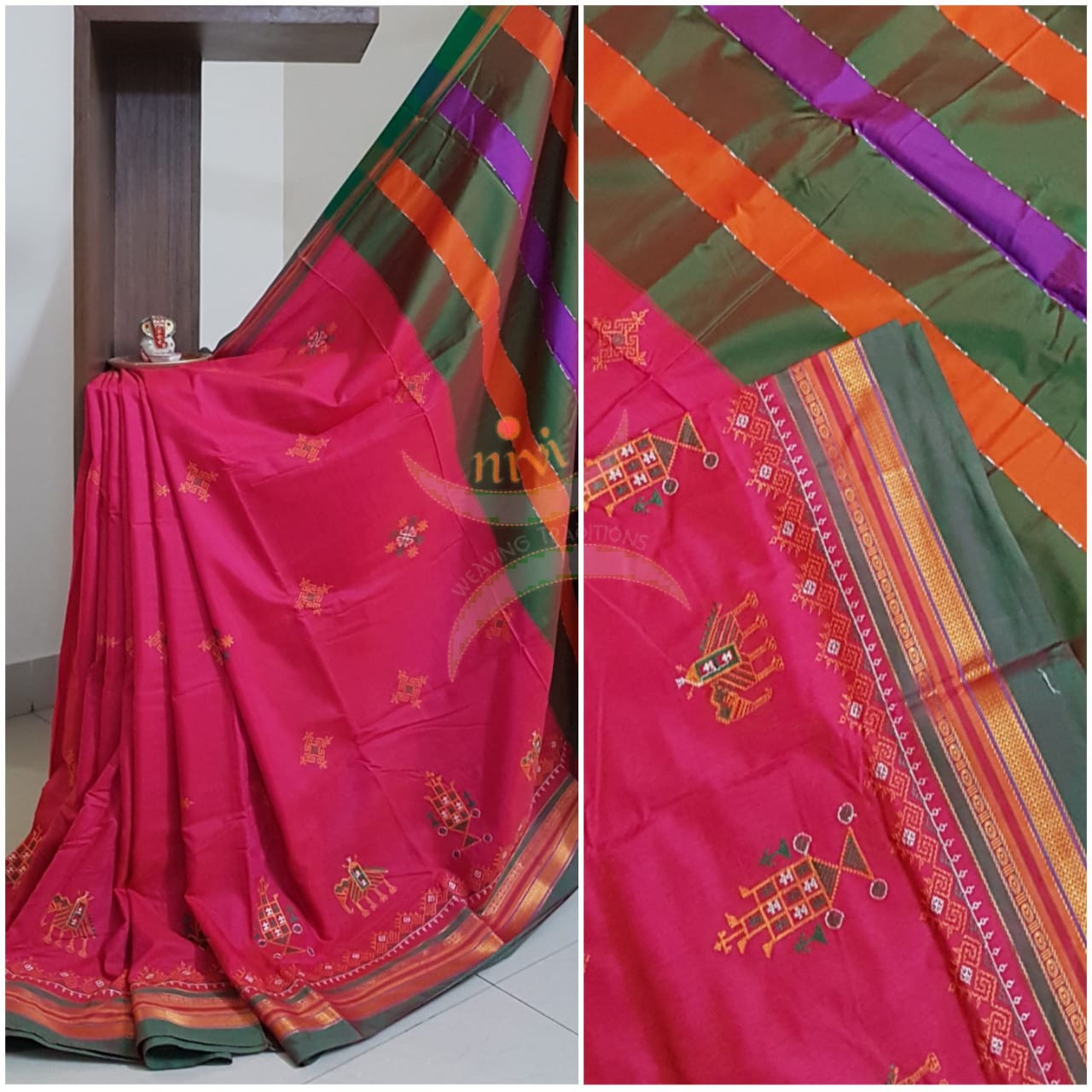 Pink cotton blend ilkal with traditional kasuti embroidery