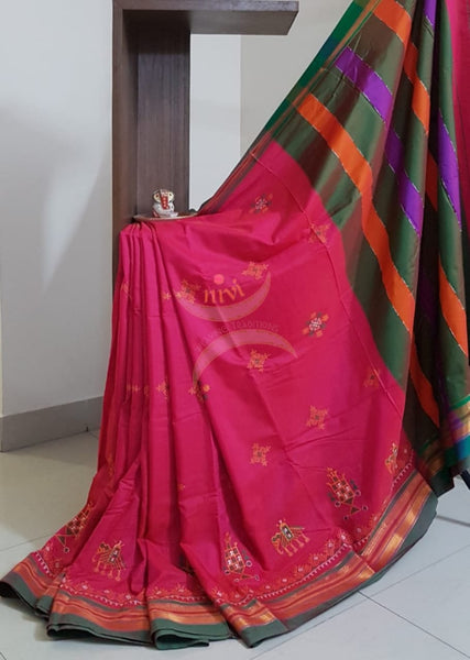 Pink cotton blend ilkal with traditional kasuti embroidery