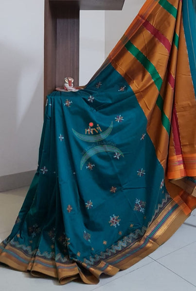 Teal cotton blend ilkal with traditional kasuti embroidery