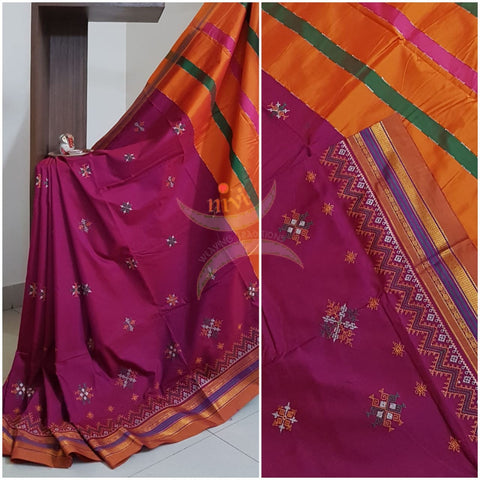Pink cotton blend ilkal with traditional kasuti embroidery