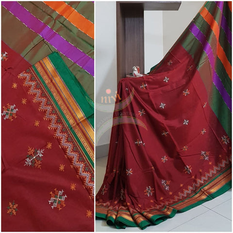 Dark maroon cotton blend ilkal with traditional kasuti embroidery