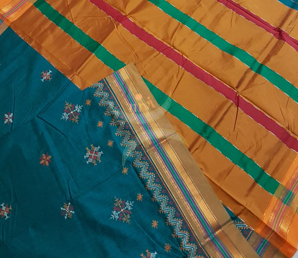 Teal cotton blend ilkal with traditional kasuti embroidery