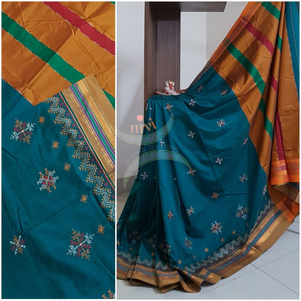 Teal cotton blend ilkal with traditional kasuti embroidery