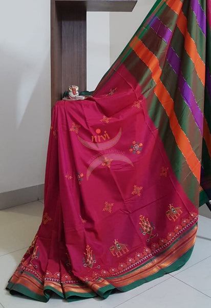 Pink cotton blend ilkal with traditional kasuti embroidery