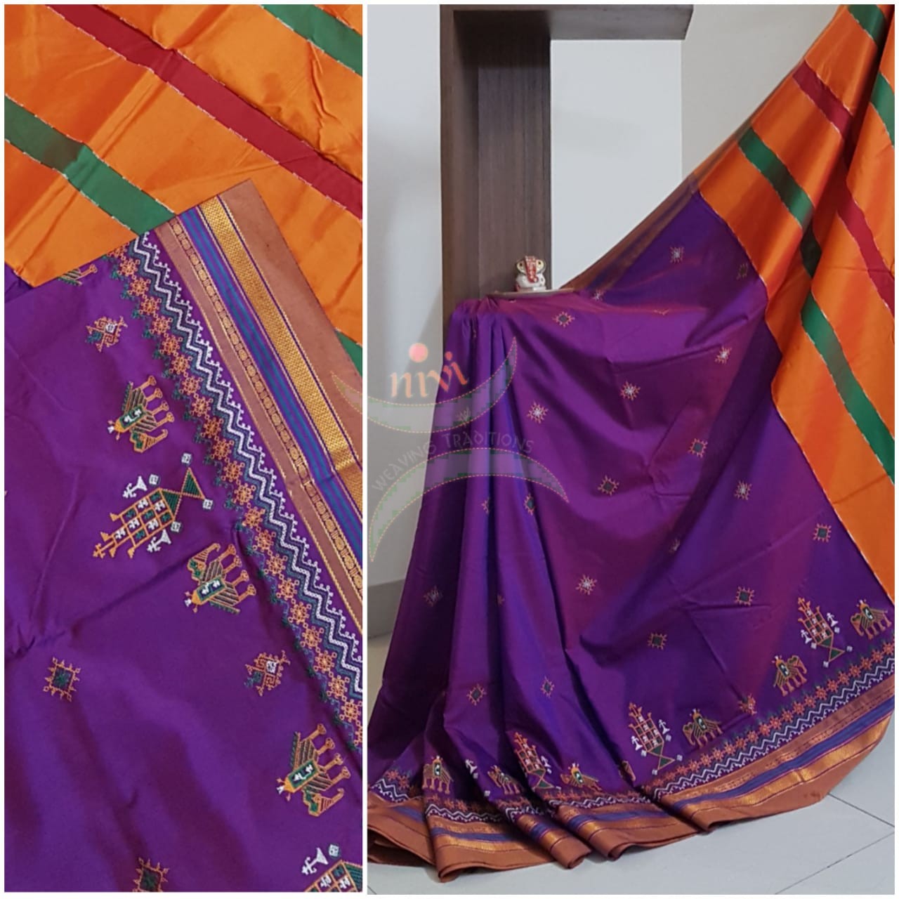 Purple cotton blend ilkal with traditional kasuti embroidery