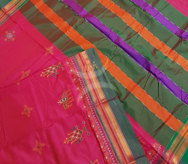 Pink cotton blend ilkal with traditional kasuti embroidery