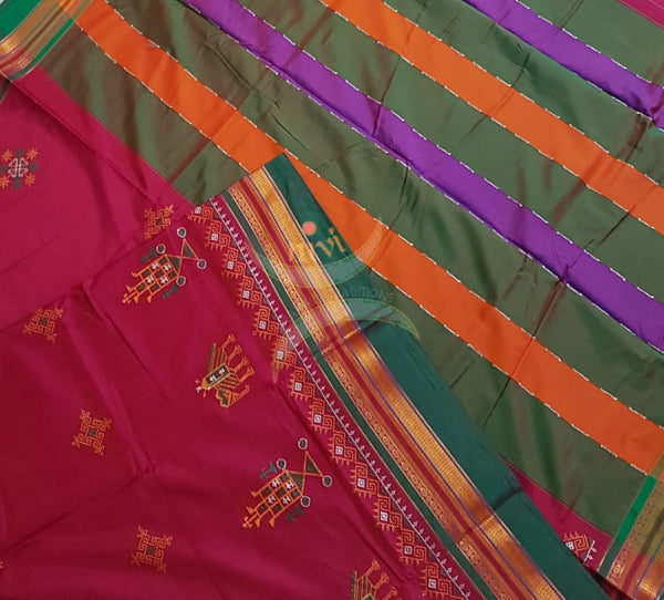 Pink cotton blend ilkal with traditional kasuti embroidery