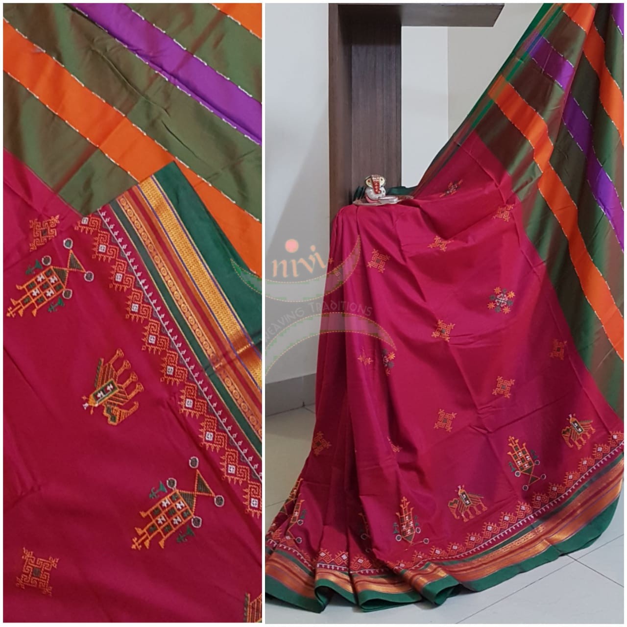 Pink cotton blend ilkal with traditional kasuti embroidery