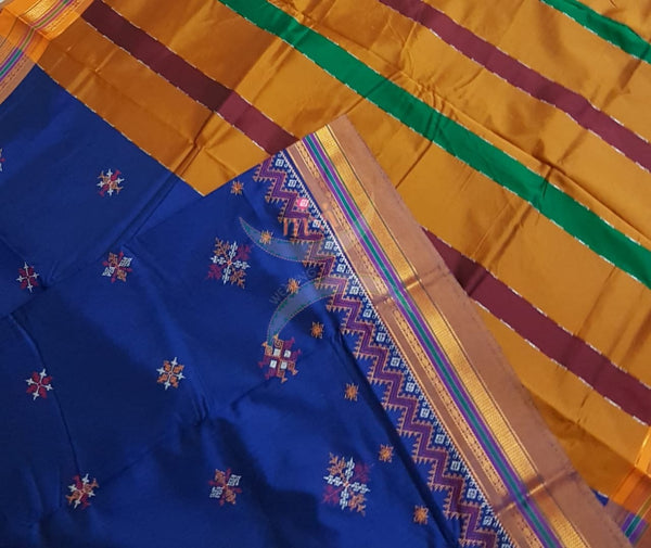 Royal blue cotton blend ilkal with traditional kasuti embroidery