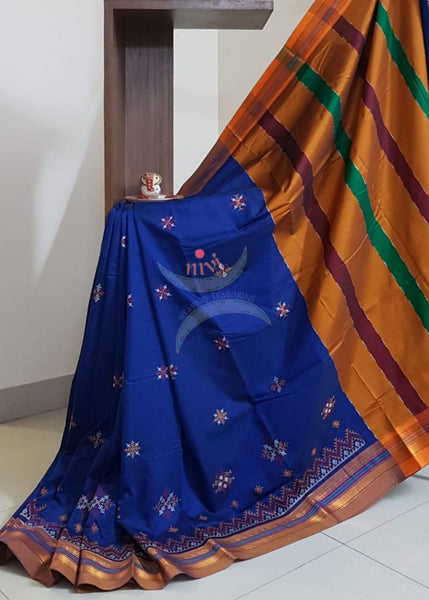 Royal blue cotton blend ilkal with traditional kasuti embroidery