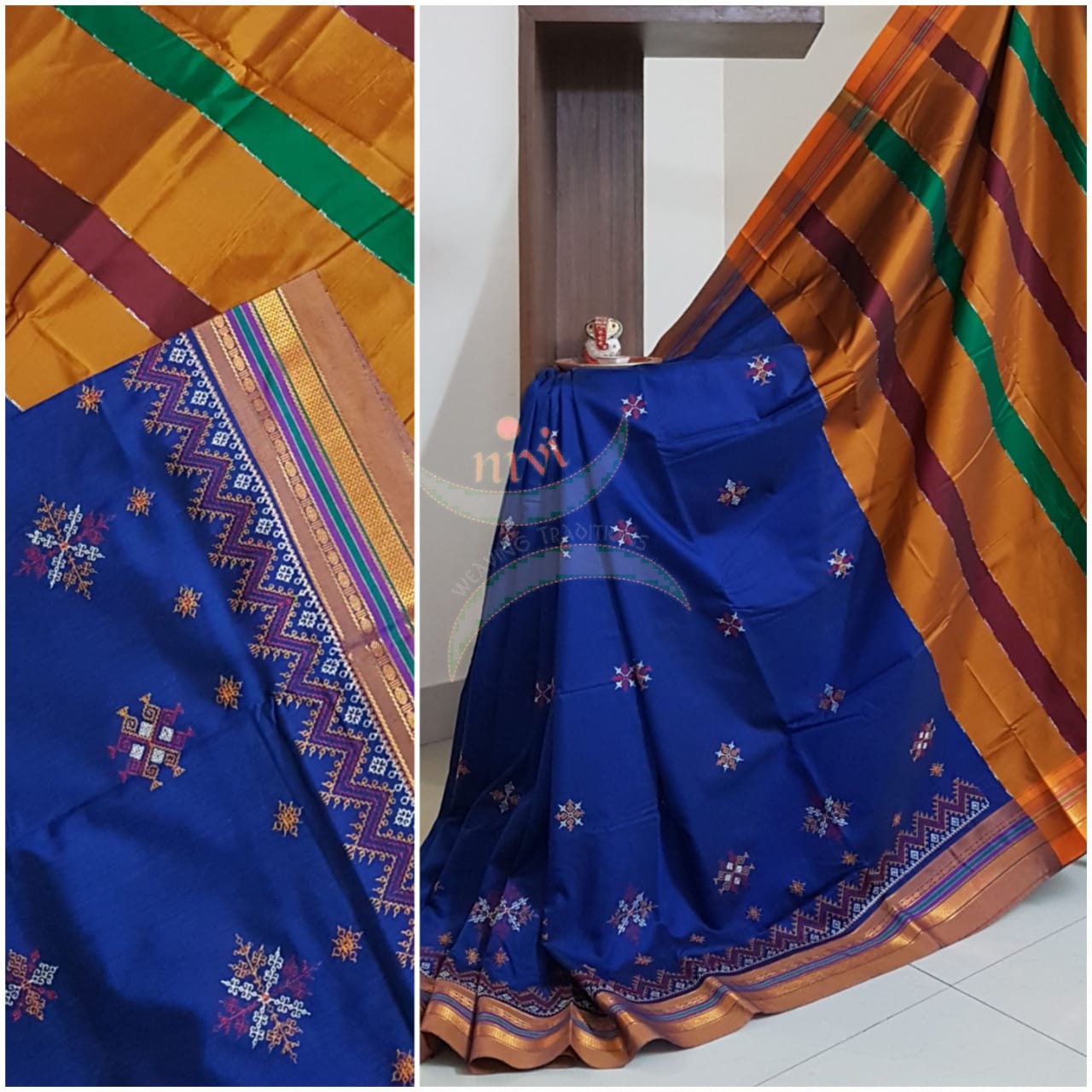 Royal blue cotton blend ilkal with traditional kasuti embroidery