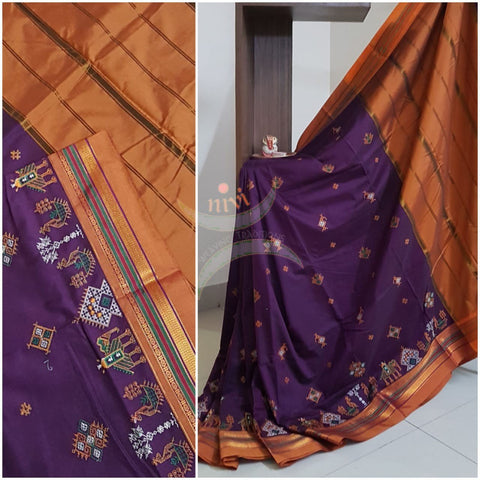 Purple cotton blend ilkal with traditional kasuti embroidery