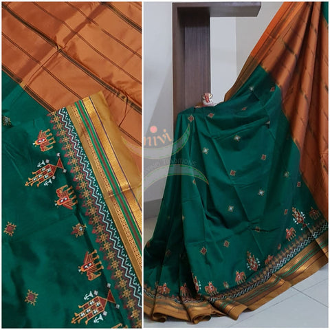 Green cotton blend ilkal with traditional kasuti embroidery