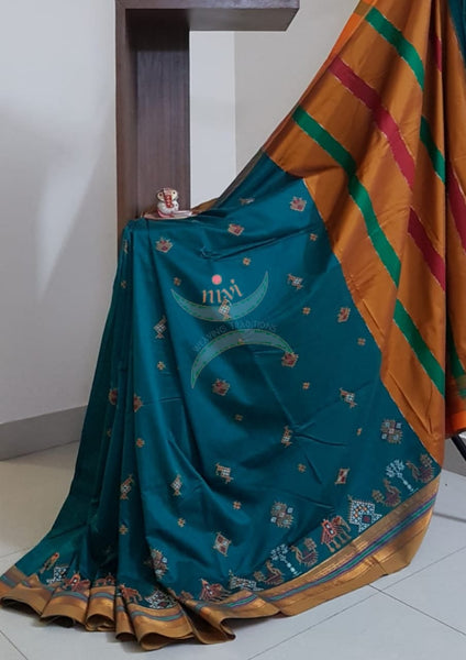 Teal cotton blend ilkal with traditional kasuti embroidery