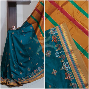 Teal cotton blend ilkal with traditional kasuti embroidery