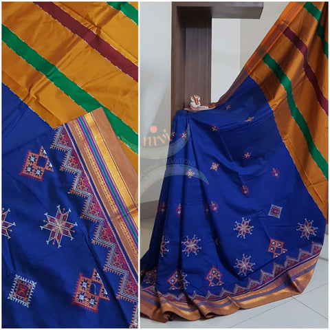 Royal blue cotton blend ilkal with traditional kasuti embroidery