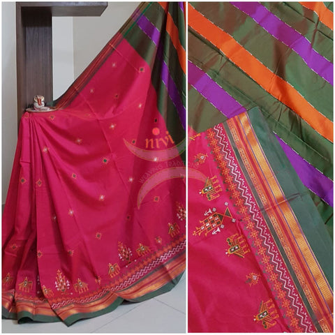Pink cotton blend ilkal with traditional kasuti embroidery