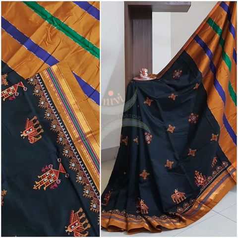 Black cotton blend ilkal with traditional kasuti embroidery