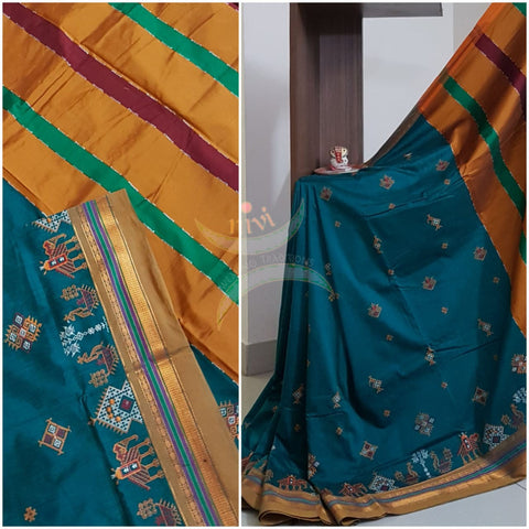 Teal cotton blend ilkal with traditional kasuti embroidery