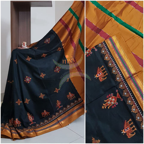 Black cotton blend ilkal with traditional kasuti embroidery