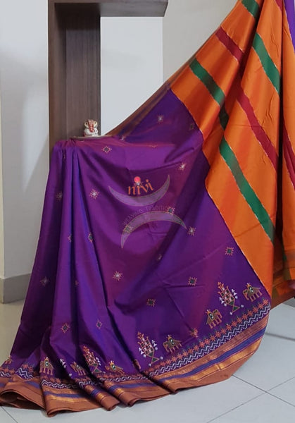 Purple cotton blend ilkal with traditional kasuti embroidery