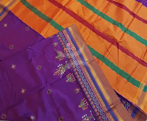 Purple cotton blend ilkal with traditional kasuti embroidery