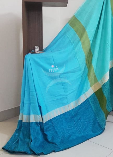 Blue handloom cotton with contrasting dark temple border and blouse piece.