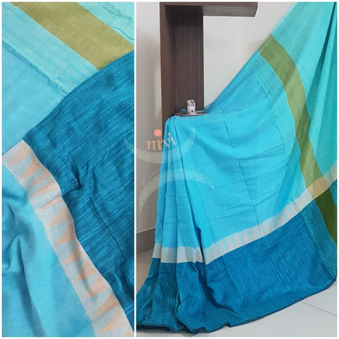 Blue handloom cotton with contrasting dark temple border and blouse piece.